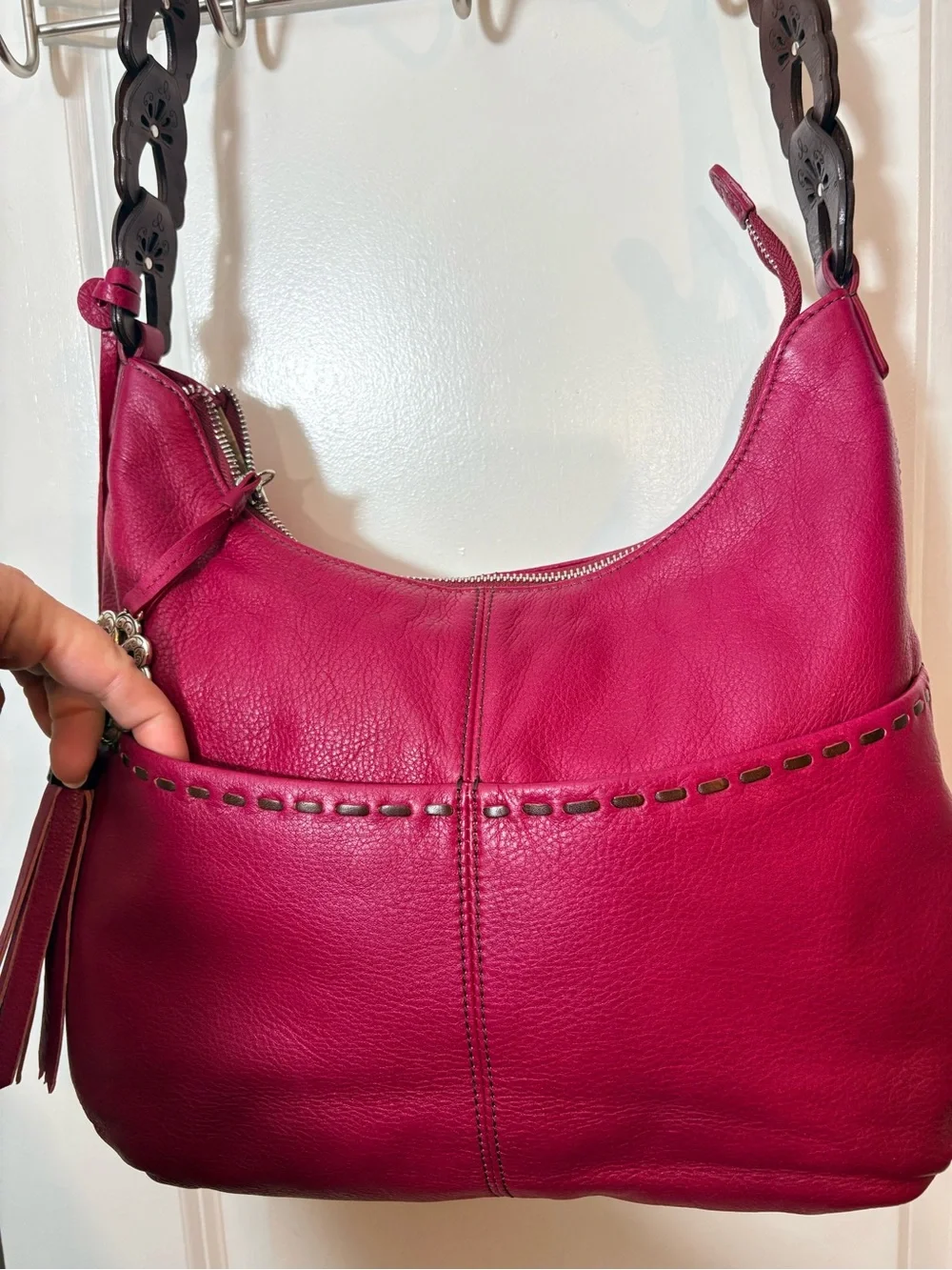 Brighton Berry Pink Leather Hobo Shoulder Bag Scalloped Floral Strap F146897